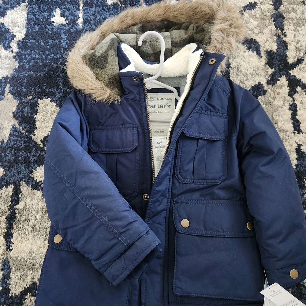 Carter's Dark Blue Coat with Faux Fur Trim